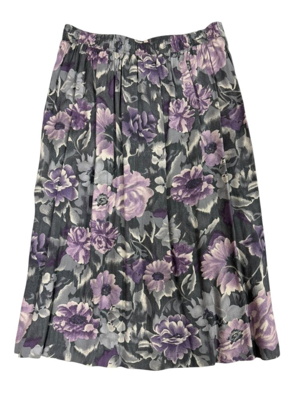 Tanjay Petites floral Midi Skirt Women's Size 12 Purple Gray Elastic Waist